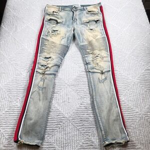 Preme Moto Biker Jeans Mens 38x34 Light Wash Distressed Street Wear Edgy Grunge